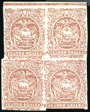Stamp of Ecuador » 1865-72 First Issue 4r Variety, PRINTED BOTH SIDES, top marginal block