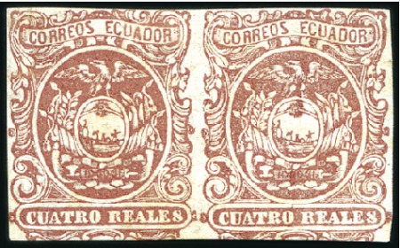Stamp of Ecuador » 1865-72 First Issue 4r Variety, PRINTED BOTH SIDES, scarce PAIR, front