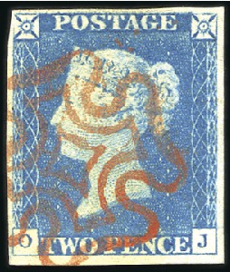 Stamp of Great Britain » 1840 2d Blue (ordered by plate number) Plate 1 OJ with good to large margins, crisp red M