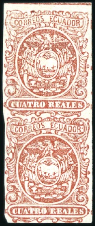 Stamp of Ecuador » 1865-72 First Issue 4r Red, 2nd printing, vertical pair with partial s