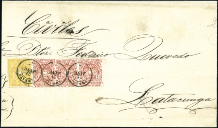 Stamp of Ecuador » 1865-72 First Issue 4r Red, 2nd printing STRIP OF 3 (pos. 88-90plus 1r