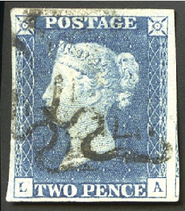 Stamp of Great Britain » 1840 2d Blue (ordered by plate number) Plate 1 LA with good to huge margins, partial blac