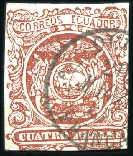 Stamp of Ecuador » 1865-72 First Issue 4r Deep Red, 1st printing, "Arms in circle" variet