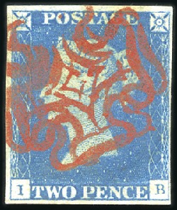 Stamp of Great Britain » 1840 2d Blue (ordered by plate number) Plate 1 IB with fine to good margins, two neat red