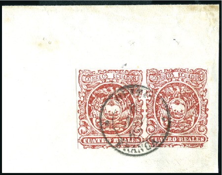 Stamp of Ecuador » 1865-72 First Issue 4r 2nd printing pair (15mm wide and nearly 20mm wi