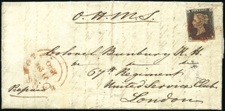 Stamp of Great Britain » 1840 1d Black and 1d Red plates 1a to 11 Plate 3 GJ with fine to huge margins, tied by red 