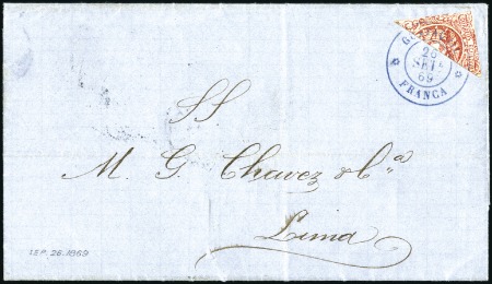 Stamp of Ecuador » 1865-72 First Issue 4r Bisect tied by superb blue Guayaquil / France c