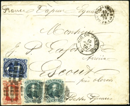 Stamp of Brazil 1878 Cover franked 3-colour franking Dom Pedro rou