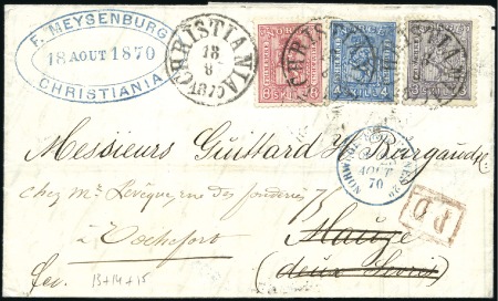 Stamp of Norway 1870 Coat-of-Arms 8Sk + 4Sk + 3Sk tied to to folde