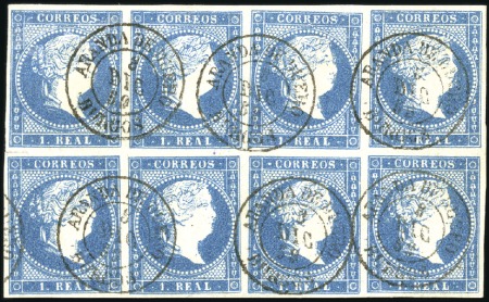 Stamp of Spain 1856 1R blue in block of 8 postmarked 6x by scarce