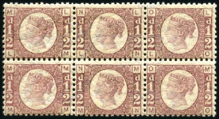 Stamp of Great Britain » 1854-70 Perforated Line Engraved 1870 1/2d pl.12 block of 6, mint nh, some light gu