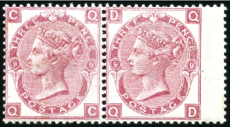 Stamp of Great Britain » 1855-1900 Surface Printed 1867 3d Deep Rose pl.9 right wing marginal pair, m