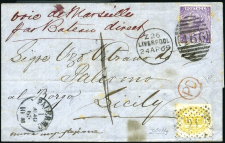 Stamp of Great Britain » 1855-1900 Surface Printed UNIQUE MIXED FRANKING WITH SICILY

1869 (Apr 24)