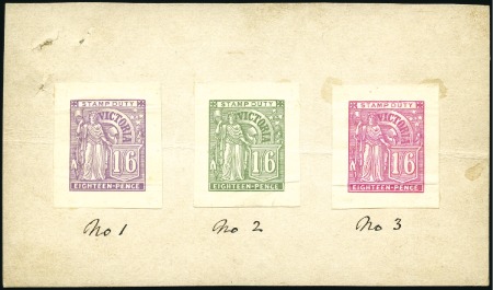Stamp of Australia » Victoria 1886-96 1s6d die proofs (3) in dull violet, sage-g