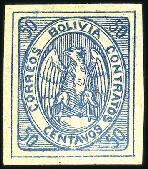 Stamp of Bolivia 1867 50c Deep Blue, identified as position 29 (of 