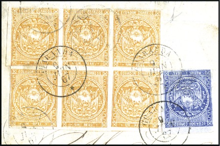 Stamp of Ecuador » 1865-72 First Issue 1r Orange, BLOCK OF SIX (1st printing, pos. 43-45/