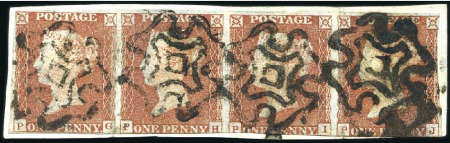 Stamp of Great Britain » 1841 1d Red Plate 19 PG-PJ strip of four, touched at bottom an