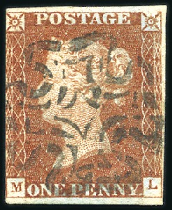 Stamp of Great Britain » 1841 1d Red Plate 15 ML, three margins, with crisp WOTTON-UNDE