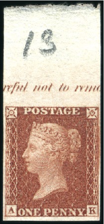 Stamp of Great Britain » 1854-70 Perforated Line Engraved Plate 13 AK IMPRIMATUR top marginal with inscripti