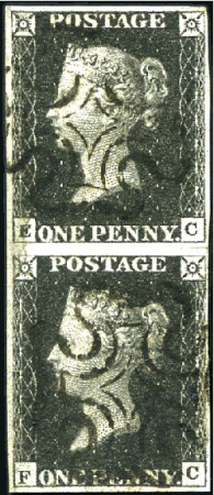 Stamp of Great Britain » 1840 1d Black and 1d Red plates 1a to 11 Plate 10 EC-FC vertical pair with fine to good mar