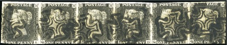 Stamp of Great Britain » 1840 1d Black and 1d Red plates 1a to 11 Plate 4 QA-QG strip of six, touched at foot on mos