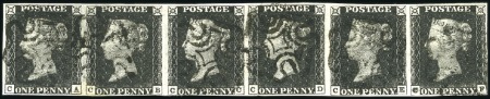 Stamp of Great Britain » 1840 1d Black and 1d Red plates 1a to 11 Plate 1b CA-CF strip of six with close to good mar