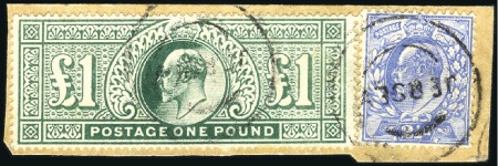 Stamp of Great Britain » King Edward VII 1911 £1 Deep Green LOWDEN FORGERY on piece with 2 