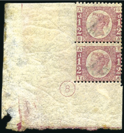 Stamp of Great Britain » 1854-70 Perforated Line Engraved 1870 1/2d Rose pl.8 SA-TA lower left corner margin