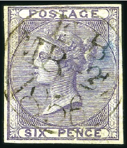 Stamp of Great Britain » 1855-1900 Surface Printed 1856 6d Deep Mauve on azure paper with TRIAL CANCE