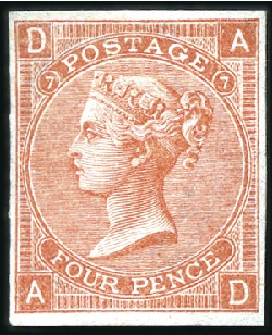Stamp of Great Britain » 1855-1900 Surface Printed 1865 4d Dull Vermilion pl.7 IMPERF. IMPRIMATUR, go