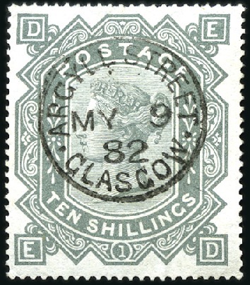 Stamp of Great Britain » 1855-1900 Surface Printed 1867-83 10s Greenish Grey, wmk MC, with crisp and 