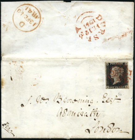 Stamp of Great Britain » 1840 1d Black and 1d Red plates 1a to 11 Plate 1b FB with close to large margins tied by re