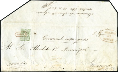 Stamp of Ecuador » 1865-72 First Issue 1r Green single tied to large part of wrapper by v