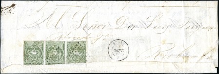 Stamp of Ecuador » 1865-72 First Issue TURNED WRAPPER with 1r Green strip of 3 (pos. 28-3