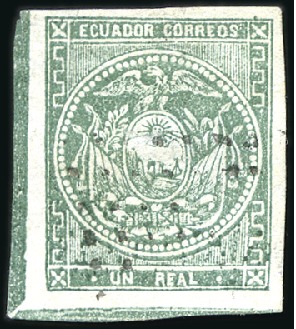 Stamp of Ecuador » 1865-72 First Issue 1r Green, 1st printing, BL corner margin stamp (th