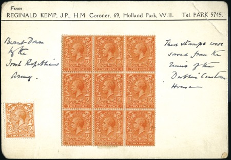 Stamp of Ireland » GB Used In Ireland 1921 Card with mint block of 9 GB KGV 2d orange wi
