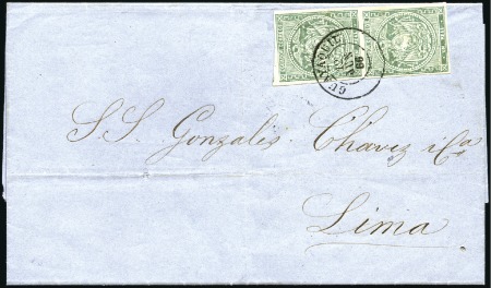 Stamp of Ecuador » 1865-72 First Issue 1r Green vert. pair (pos. 48/57), 2nd printing, ti