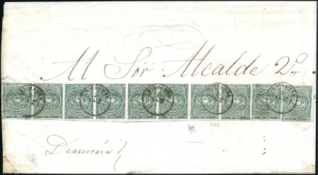 Stamp of Ecuador » 1865-72 First Issue 1r Myrtle Green strip of 8 (pos. 29-36) plus two s