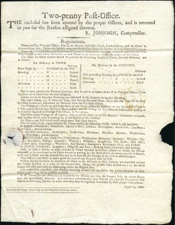Stamp of Great Britain » Postal History » Pre-Adhesive & Stampless 1807 (Jul 2) Printed "Two-Penny Post-Office" regul
