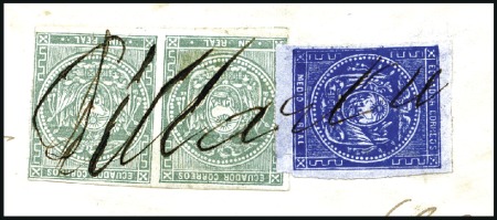 Stamp of Ecuador » 1865-72 First Issue Pair of 1r Grey Green and single 1/2r on thin pape