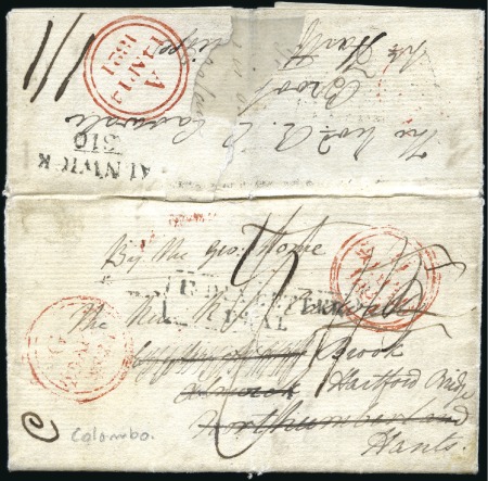 Stamp of Ceylon 1821 Entire from Colombo to England, with ms rates