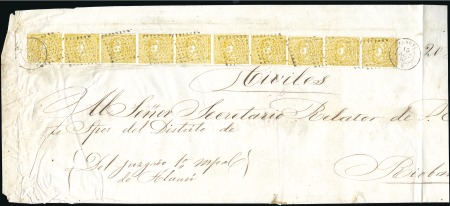 Stamp of Ecuador » 1865-72 First Issue 1r Yellow, vertical strip of 10 from 1st printing,