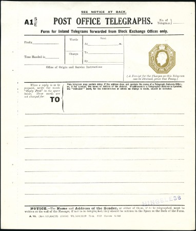 Stamp of Great Britain » Telegraphs 1920 1s Olive Brown telegraph form for Stock Excha