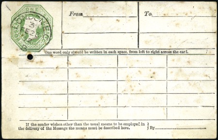 Stamp of Great Britain » Telegraphs 1872 1s Green die on telegraph card, cancelled by 