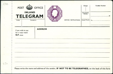 Stamp of Great Britain » Telegraphs 1935 6d Purple die on telegraph form, size d, unus
