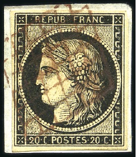Stamp of France 1849 20c noir obl. grille rouge, TB, rare oblitéra