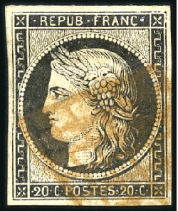 Stamp of France 1849 20c noir obl. grille rouge, TB, rare oblitéra