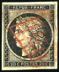 Stamp of France 1849 20c noir obl. grille rouge, TB, rare oblitéra