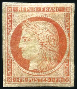 Stamp of France 1849 1F vermillon neuf, remargé et regommé