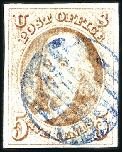 Stamp of United States » 1847 Issue 5c red-brown, large balanced margins, blue cancel,